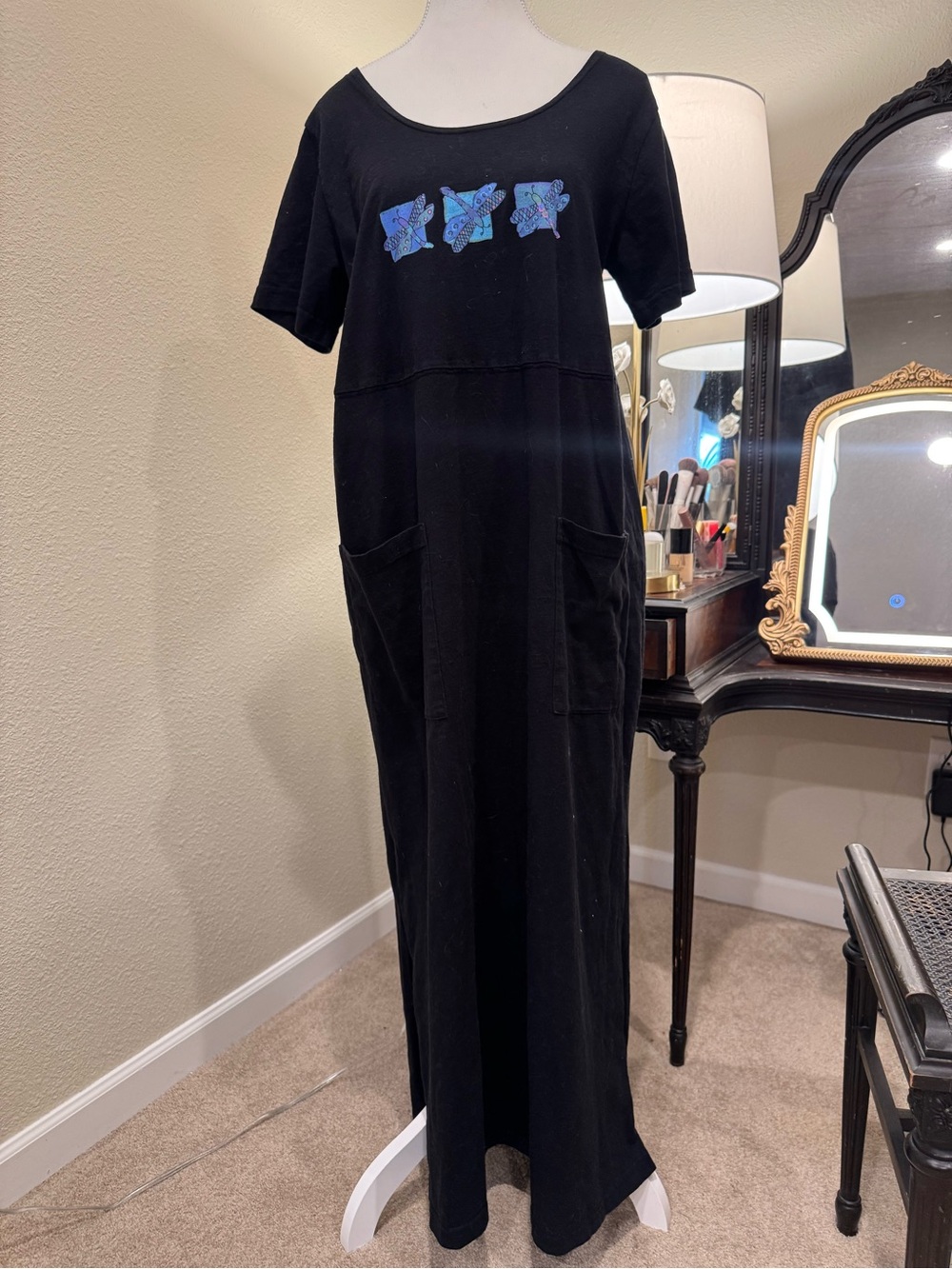 fresh produce Black Short-Sleeve Maxi Dress with Blue Butterfly Motif